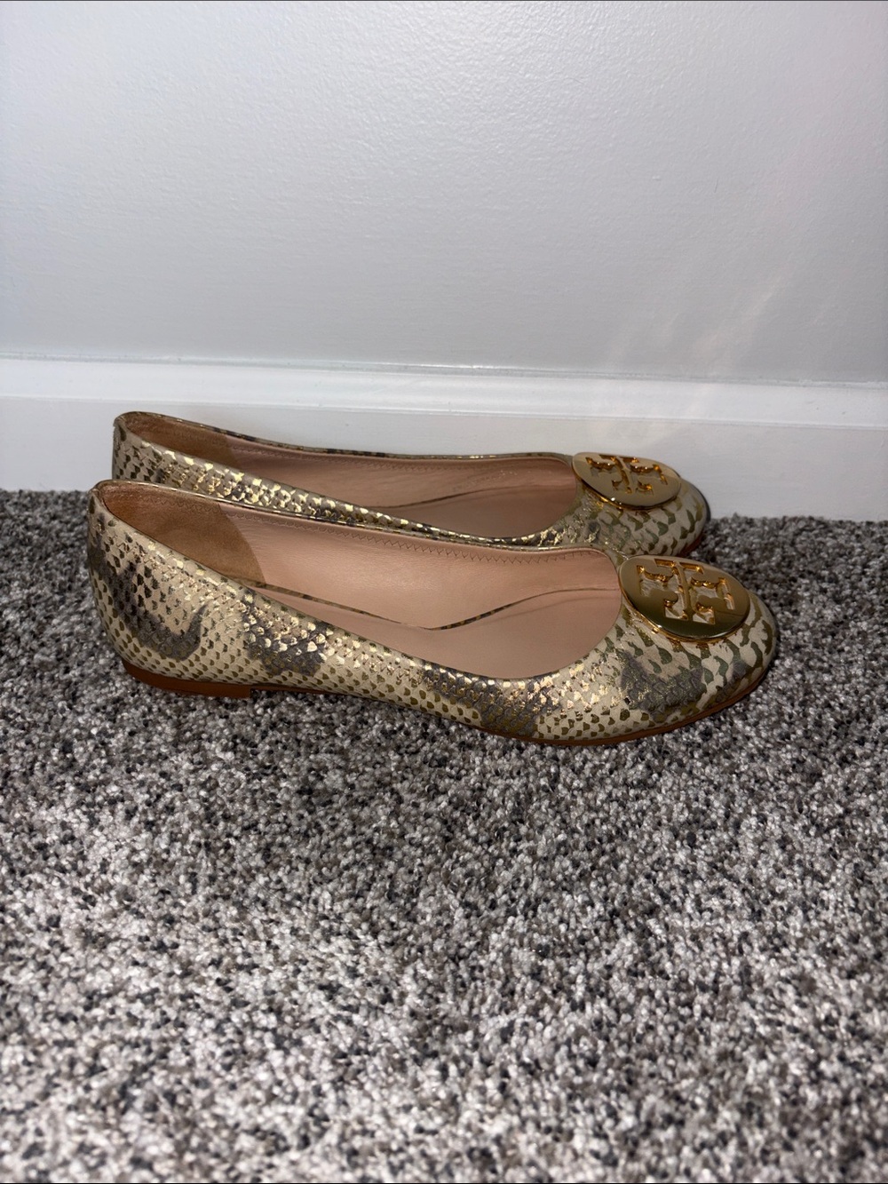 Tory Burch Metallic Gold Python Print Leather Ballet Flats - Picture 3 of 6